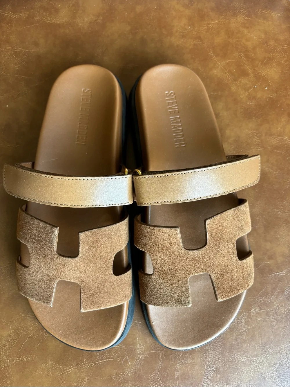 Steve Madden Harken Tan Cognac Leather Sandals H-cut Double Strap Size 8 - Picture 3 of 7
